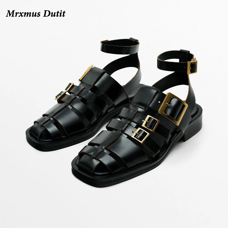 Mrxmus Dutit 2023 New Spring Summer Women Fashion Genuine Leather Flat Sandals Shoes Simple Elegant Casual Roman Shoes Female