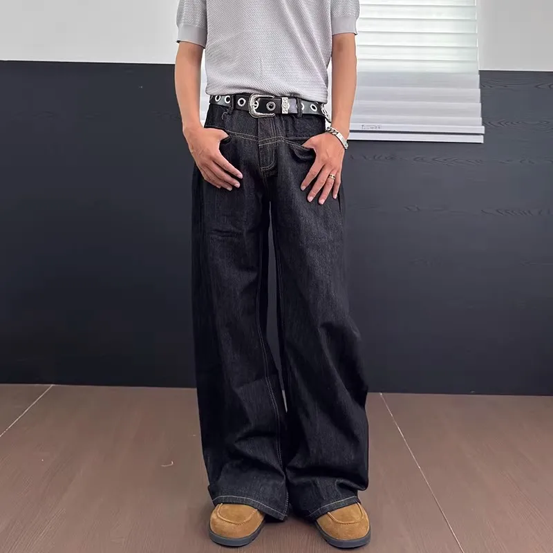 

Retro American Waed Curved Knife Pants Men's Loose Casual Straight Wide Leg Floor Length Trousers Denim Fabric mid Waist Zi...