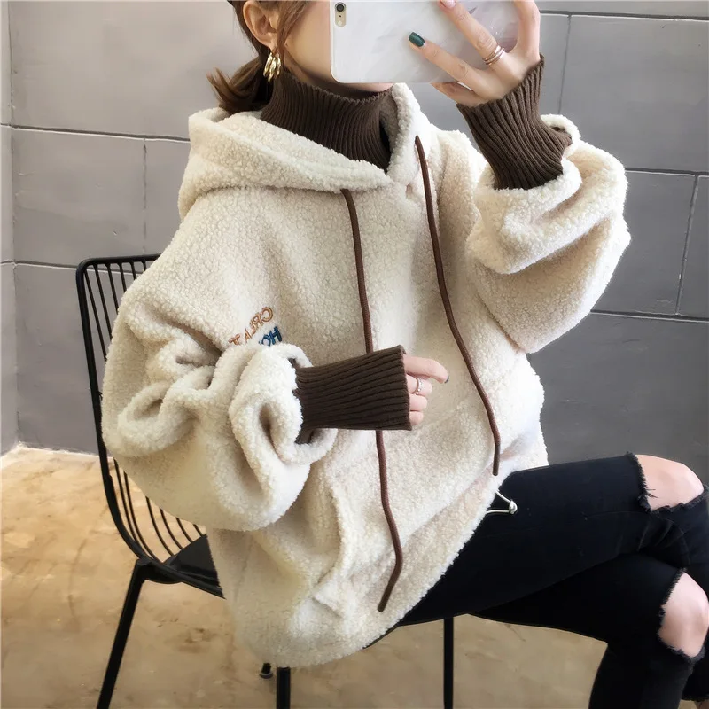 

ZOUXO Hoodies Women 2022 Spring Autumn Kpop Thickened Lambhair Hoodie Loose Casual Letter Embroidery Clothes