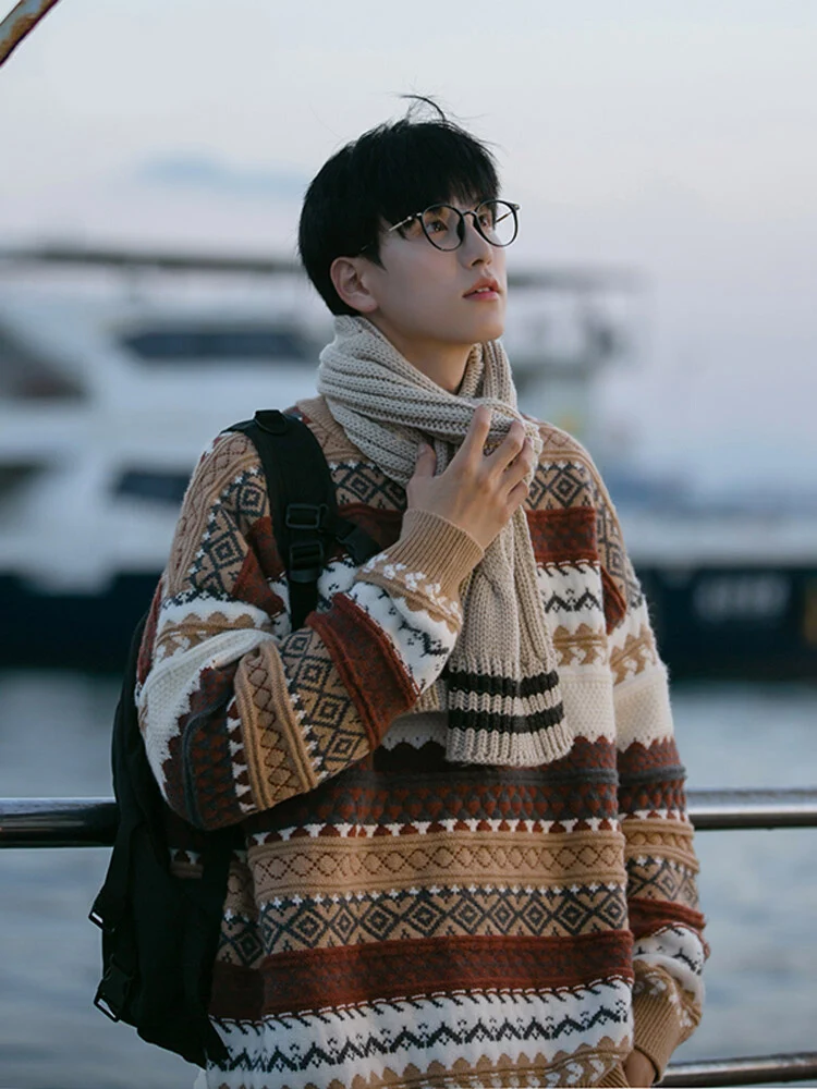 

Thiened Brown Fair Isle Cisas Knitwear Men's Japanese Sle Retro Lazy High-End Winter Sweater Casual Loose Fit Polyest...