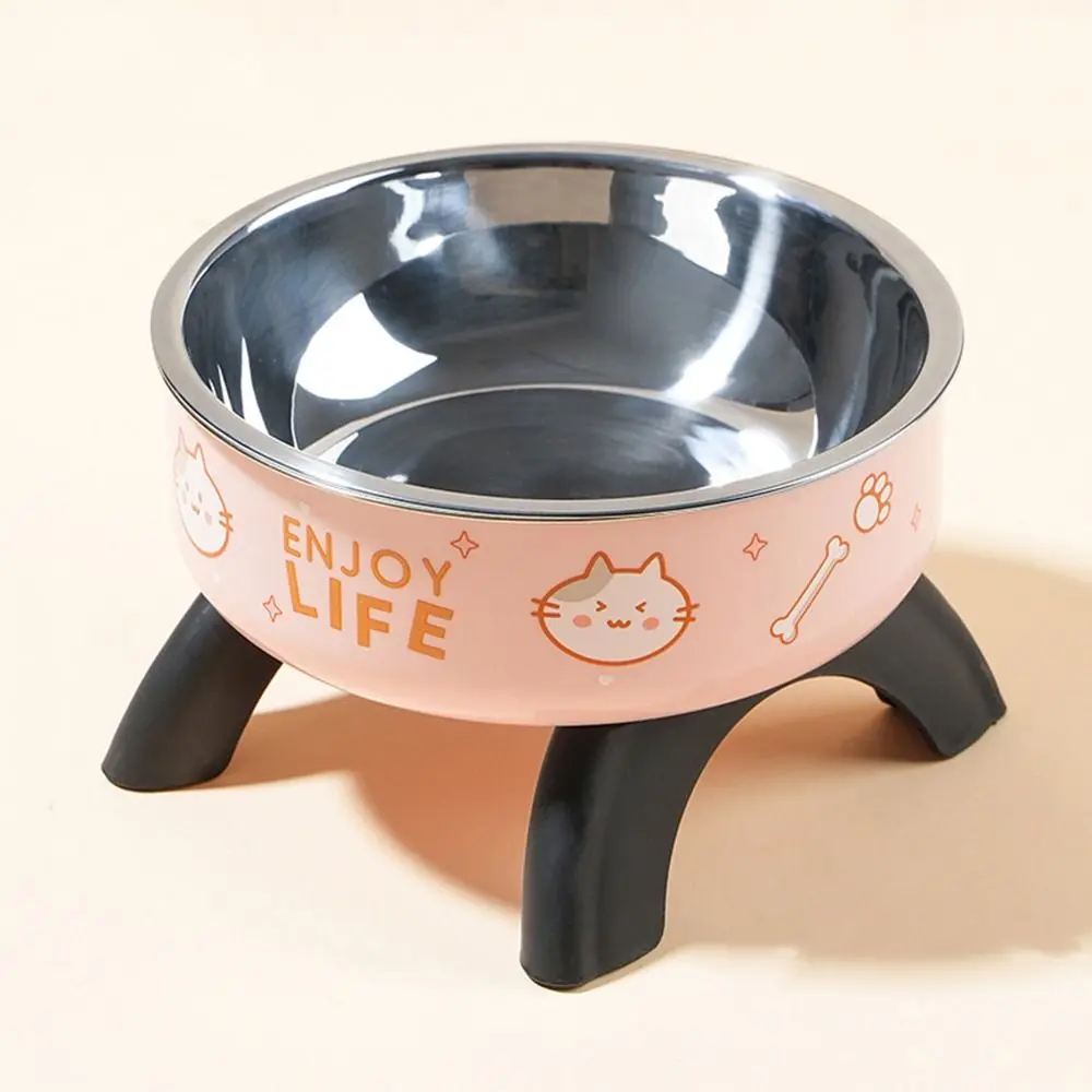 Stainless Steel Cat High Footed Bowl Cartoon Printed Anti Slip High-Legged Pet Bowl Large-Capacity Neck Protection