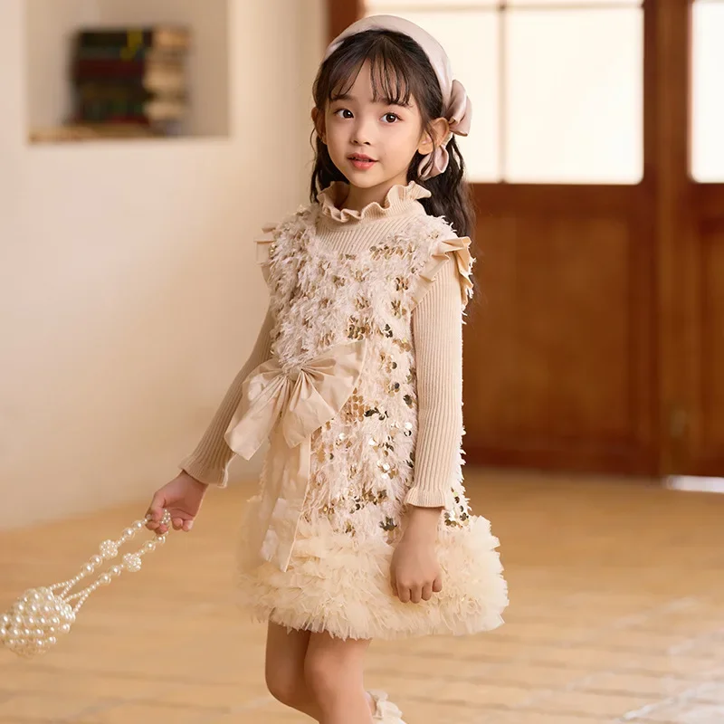 Girls\' Princess Dress Autumn/Winter 2023 New Children\'s Fashionable Dress Little Girl Sequin Tassel Fur Tank Top Dress