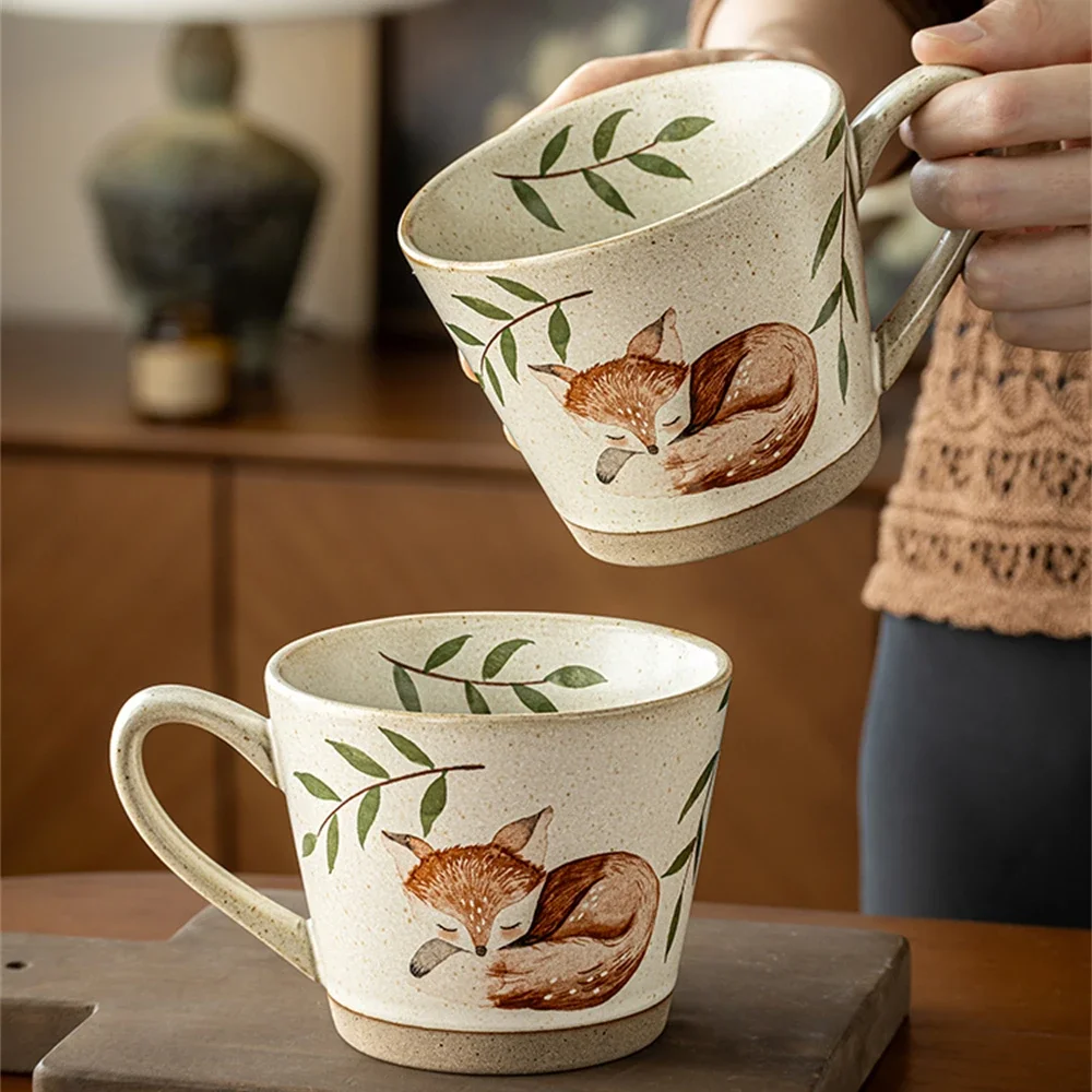 Creative Mug Stoneware Coffee Cup kitchen Supplies Cute Cartoon Fox V-Shaped Single Ear Handle Cup Girlfriends Birthday Gift