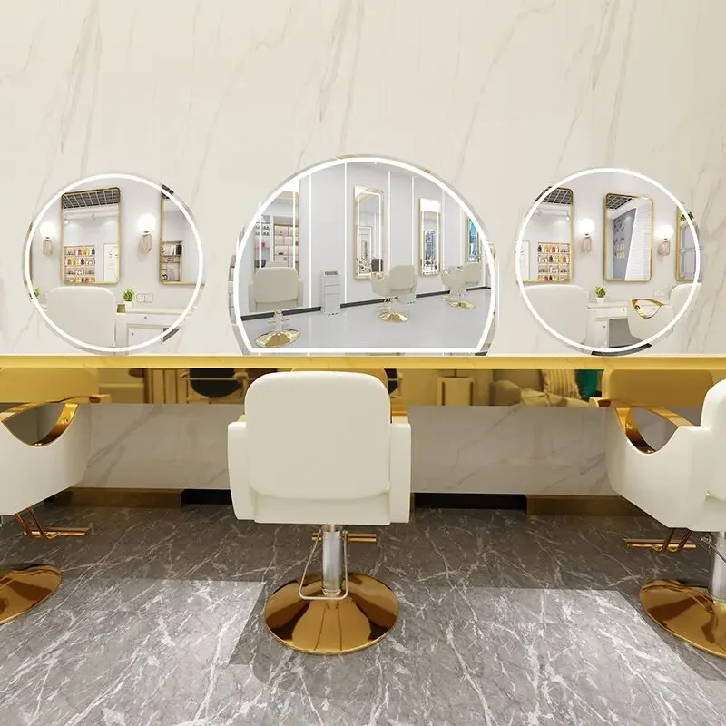 Simple barber shop mirror with lamp beauty salon mirror table wall trendy hair cut mirror semi-circular perm and dyeing