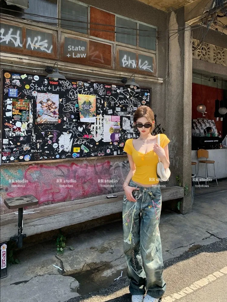 

Stunning Candy Chain 3D Illusion Straight Leg Jeans Women's Casual Loose Fit Denim Blue Natural Waist Four Seasons Universal