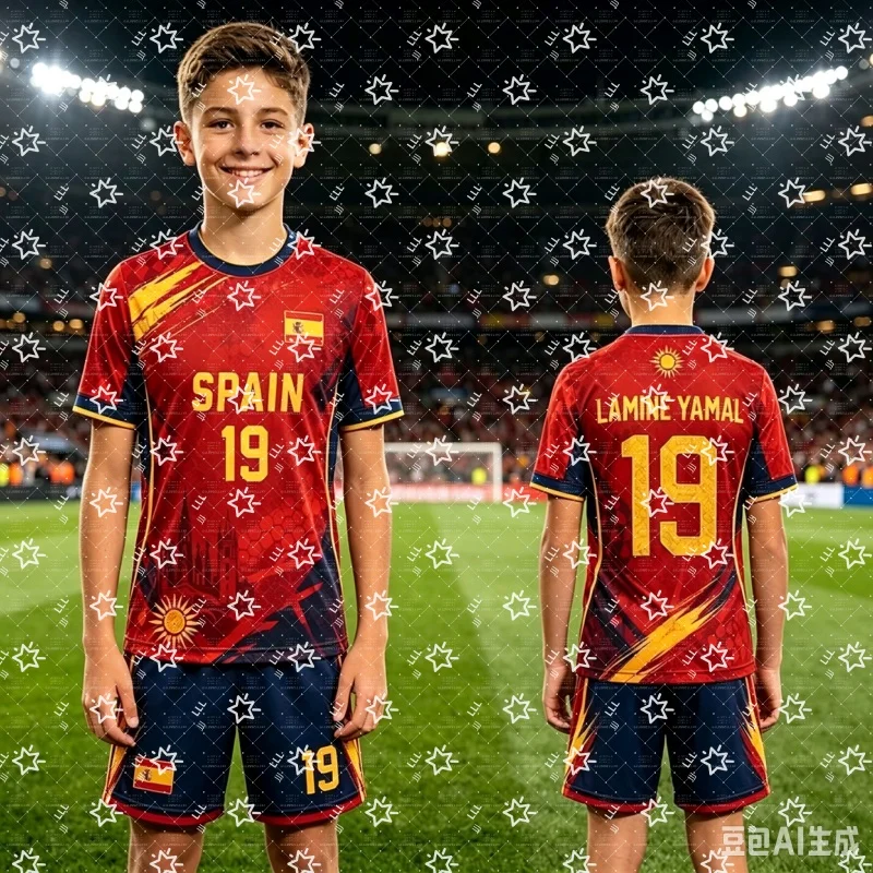 conjunto-de-camisola-de-futebol-infantil-lamine-yamal-19-espanha-com-estampa-de-hexagonos-vermelhos-camisa-de-manga-curta-calcoes-azul-marinho-conjunto-desportivo-de-duas-pecas