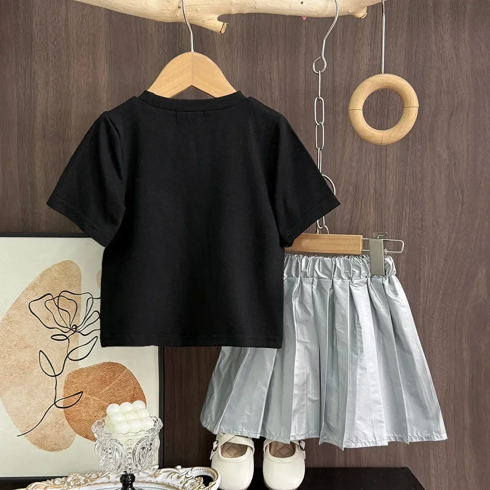 Korean Version Girls Suit Black Round Neck Short Sleeved Bow T-shirt and Pleated Short Skirt Two-piece Set Children's Clothing