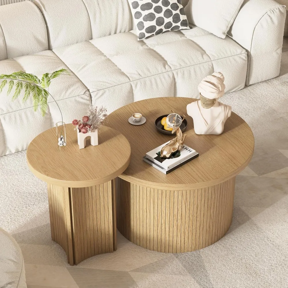 

Round Nesting Coffee Table Set of 2, Living Room Coffee Tables with Wood Finish – Stackable Design for Compact Spaces & Stylish
