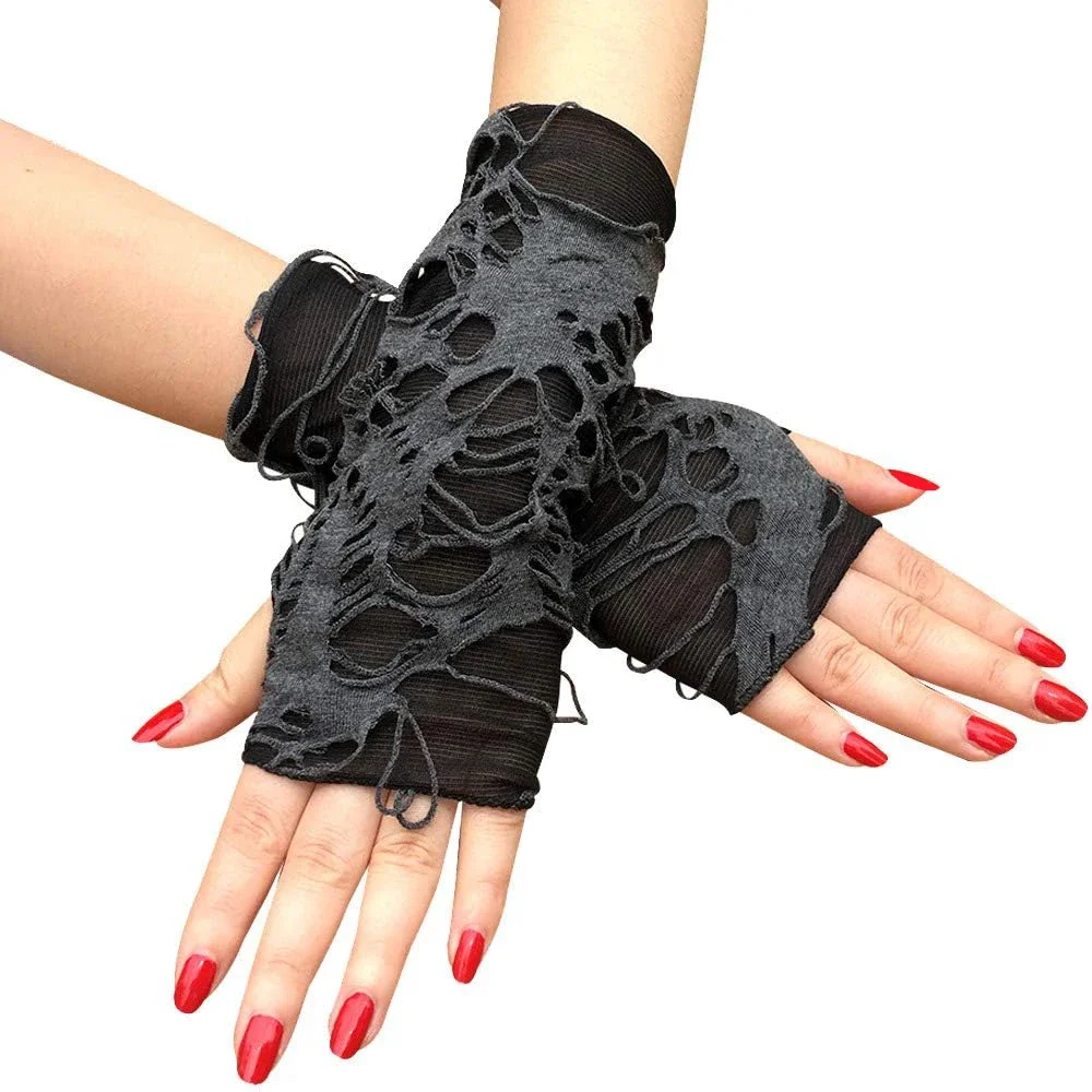 Women's Punk Fingerless Gloves Arm Warmers Black Broken Slit Ripped Gothic Gloves Punk Black Broken Slit Gothic Glove