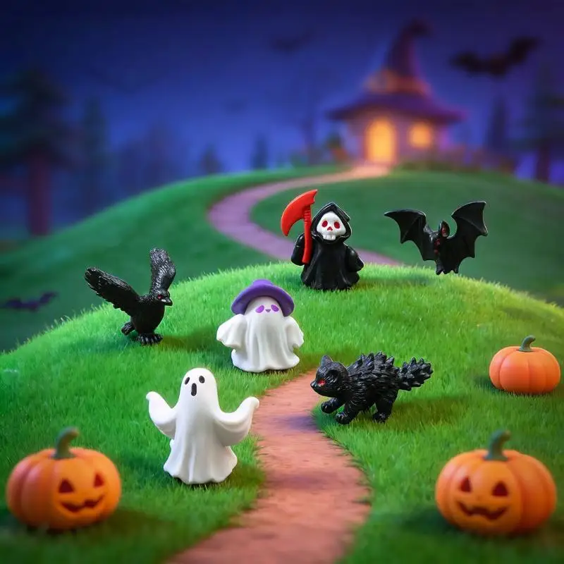 6Pcs Miniature Resin Skeleton Pumpkin Devil Skull Figurines Halloween Ornaments Fairy Garden Decor DIY Accessory Set