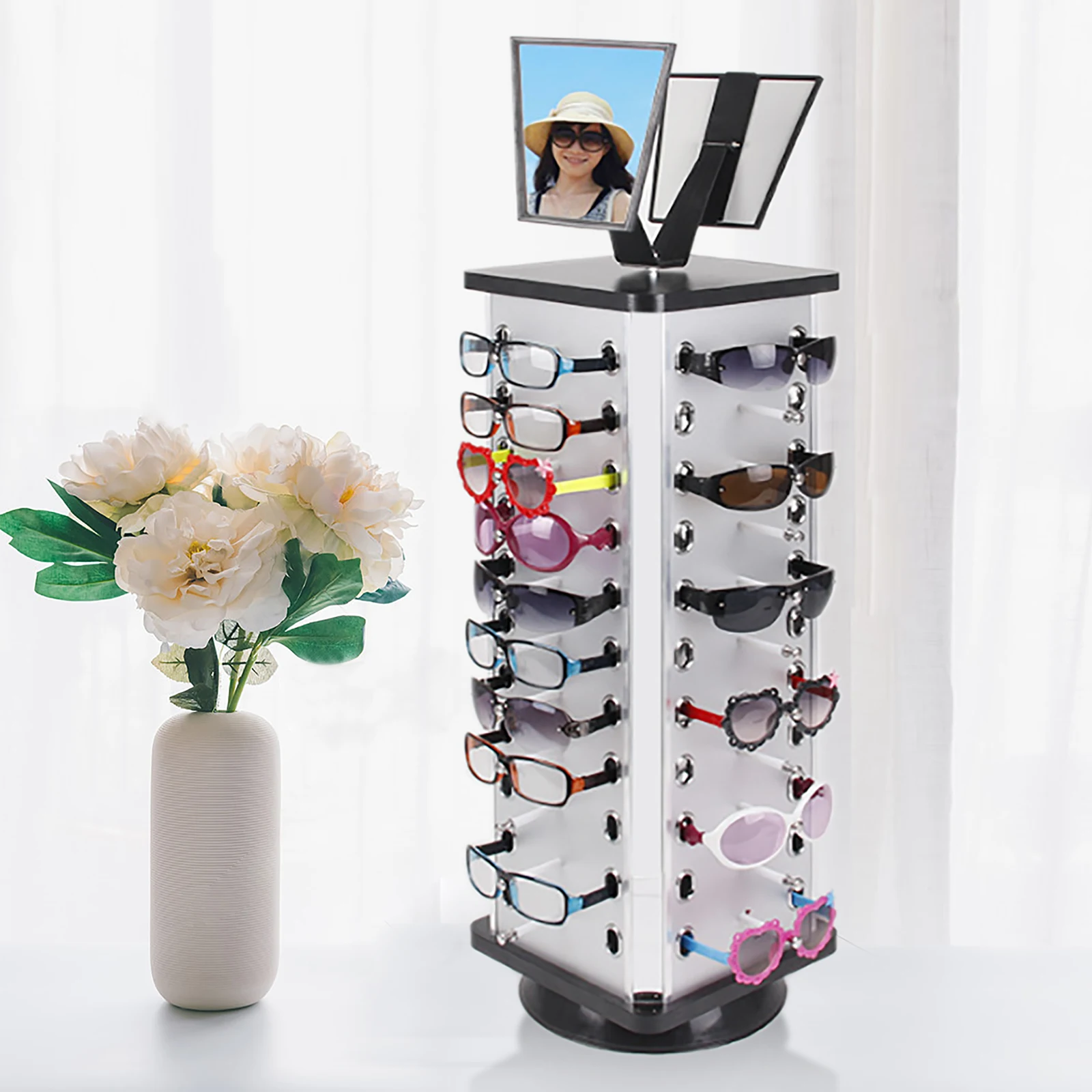 Rotating Sunglass Stand Glasses Display Rack 44 Pairs Glass Holder Sunglasses Organizer Stands Rack with Mirror Eyeglass Turning