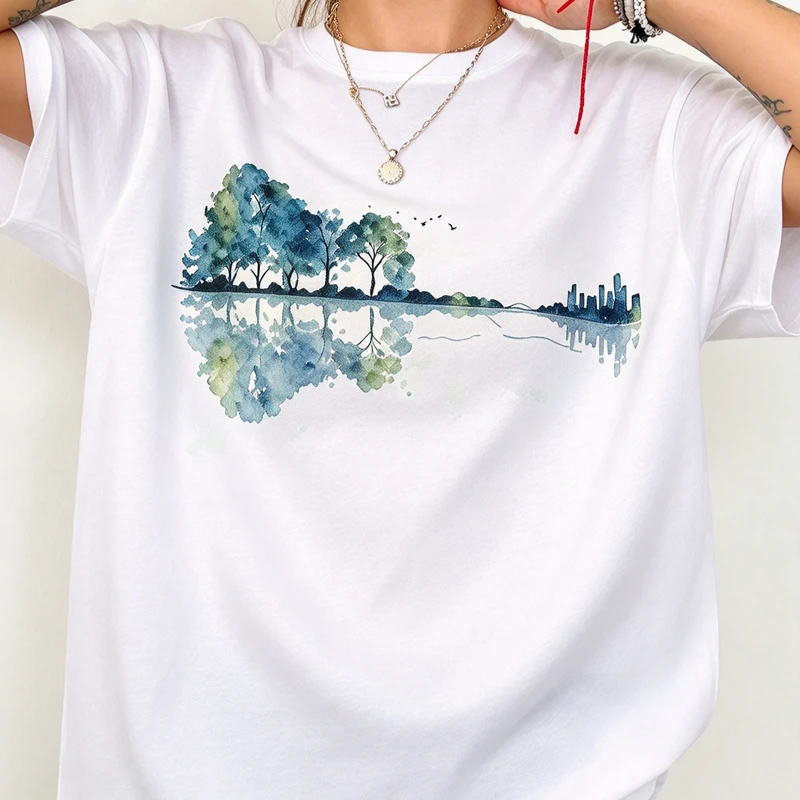 Fun Nature Guitar Watercolor Blues T Shirt Men Fashion O-Neck White Short Sleeve Top Tee Cotton Harajuku Y2k Top