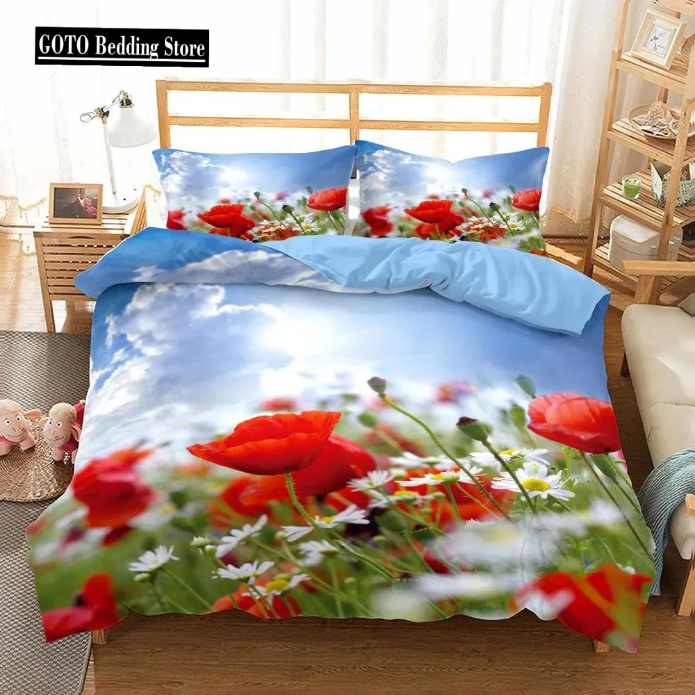 

Poppy Flowers Bedding Sets Printed Jacquard Weave Bed Cover with Pillowcases Bedclothes Bedroom Comforter Set King Size Luxury