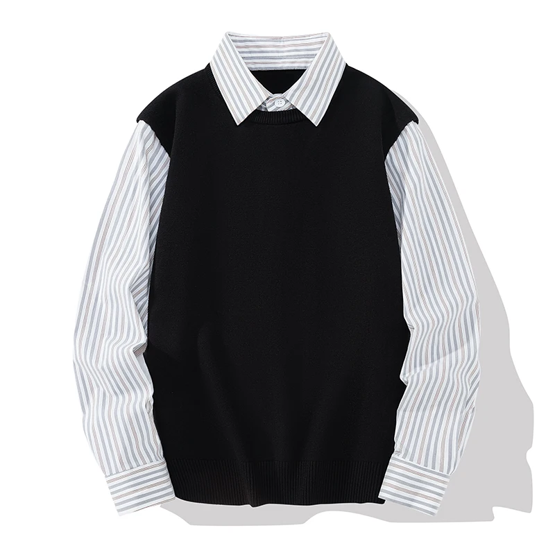 

Men's Casual Striped irt Long Sve Knitted Sweater Autumn Winter New Sle Busin Casual Collar Fake Two-Piece Sweater