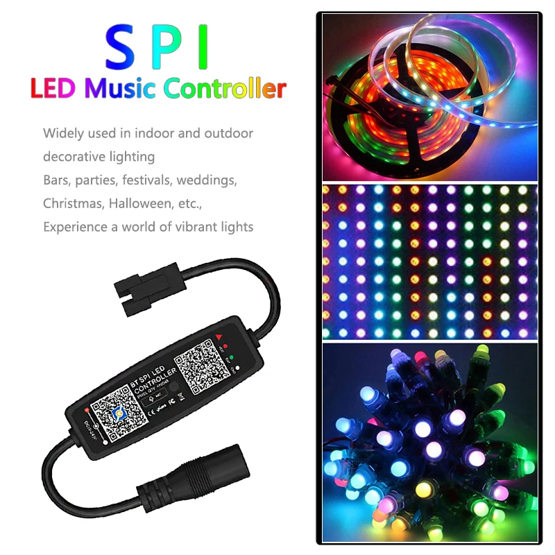 Controlador de música LED SPI con Bluetooth, USB/DC, 5V, 12V, 24V, 2048 píxeles, atenuador de aplicación inteligente, control remoto RF para tira de