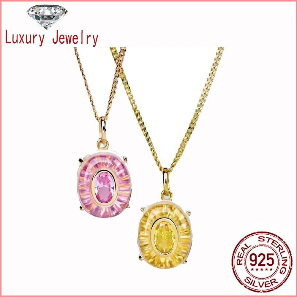 

Luxury Jewelry S925 Silver Yellow Pink High Carbon Diamond Oval Pendant Newest Classic Design Girls High Quality Necklace