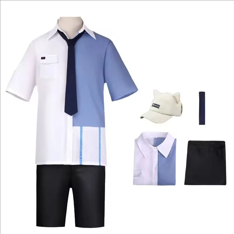 アニメリンククリックルーカスコスプレ衣装白ショートウィッグルー光ブルーシャツパンツ帽子フルセット日常服ハロウィン