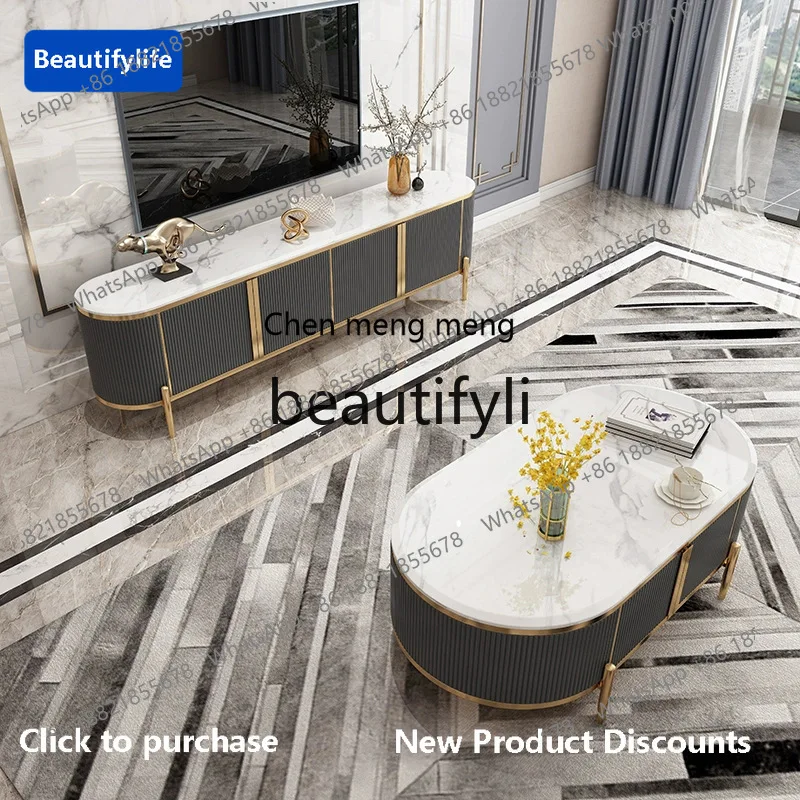 

CQY Vintage Light Luxury Marble TV Cabinet and Coffee Table Set with Storage