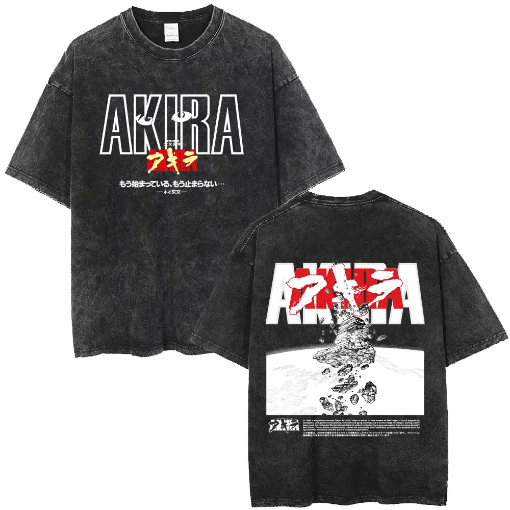 Japanese Science Fiction Cartoon Movie Anime Akira Shotaro Kaneda Washed Vintage T-shirt Men's Clothing Casual Oversized T Shirt