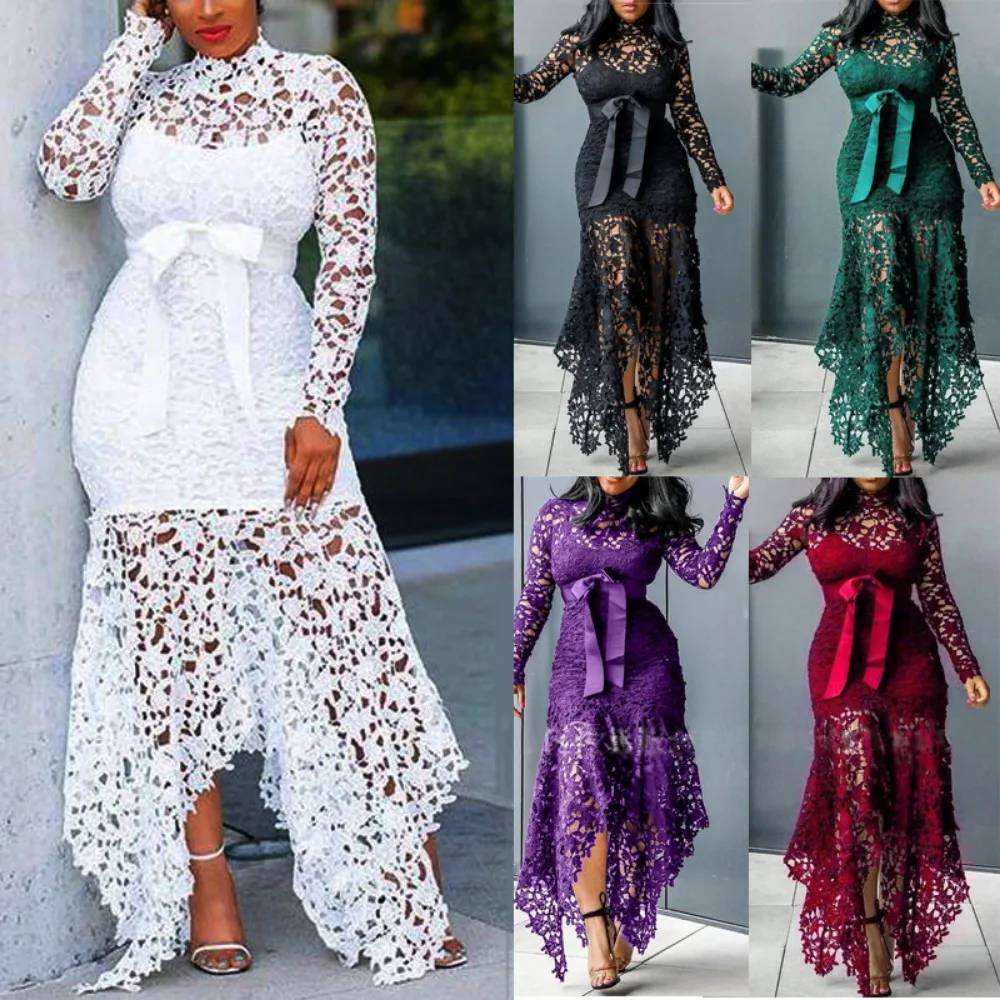 Women's Lace Dress with Hollowed Out Long Sleeved Stand Up Collar and Tie, 5 Colors Irregular