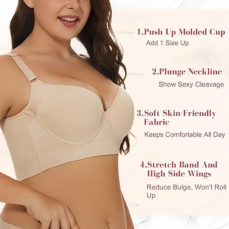 Dimmkof Wide Band Back Smoothing Bras Women's Push Up Hide Back Fat Full Coverage Deep Cup Shapewear Underwire Supportive Bras