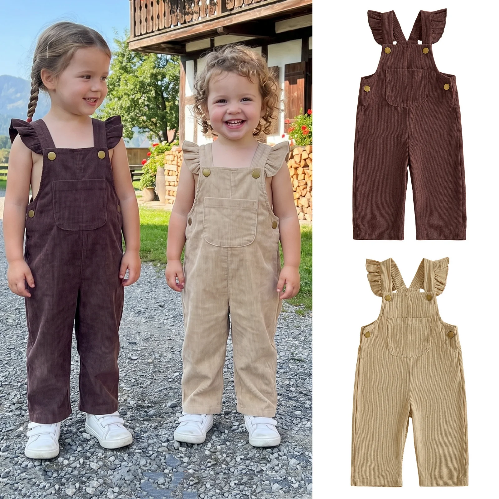 0-5Y Little Girls  Ruffles Overalls Solid Color Corduroy Fly Sleeve Suspender Pants Sleeveless Jumpsuits