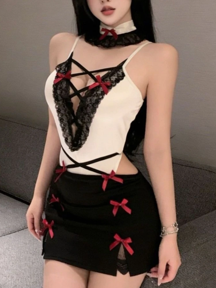 Gothic Sexy Maid Red Lace Bow Crisscross 2 Piece Set Women Low Cut Cami Top Split Hem Black Mini Skirt Clubwear Halloween Outfit