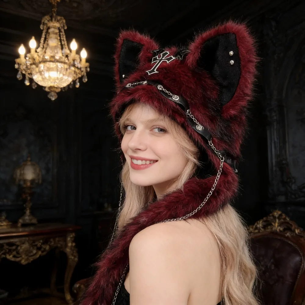 

Темная милая жареная уличная шляпа Spice Girl, плюшевая шляпа в стиле панк с кошачьими ушками, готический рок, зимнее тепло