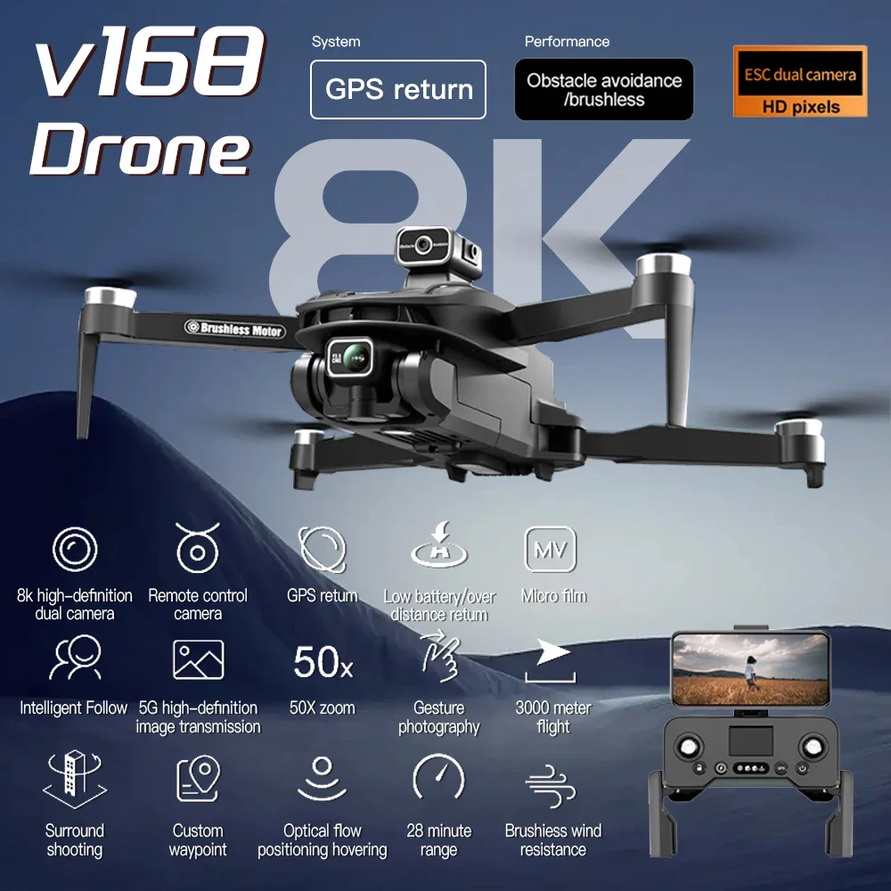 Nuovo V168 Drone Professinal Three Camera 8K grandangolare localizzazione GPS ottica Quadcopter a quattro vie per evitare gli ostacoli per XIAOMI