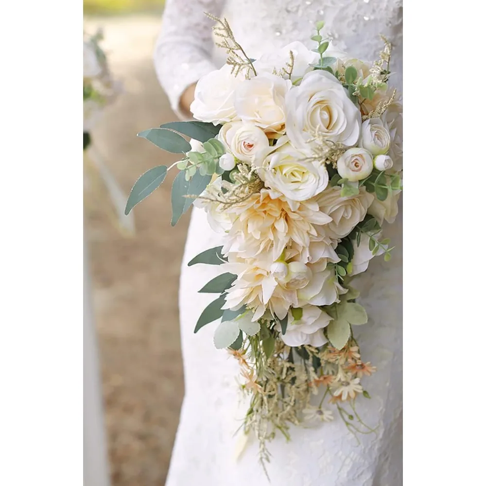 Cascading Bouquets for Bride, Beige Rose, Artificial Bridal Bouquet, Boho Rustic Wedding Ceremony, Anniversary