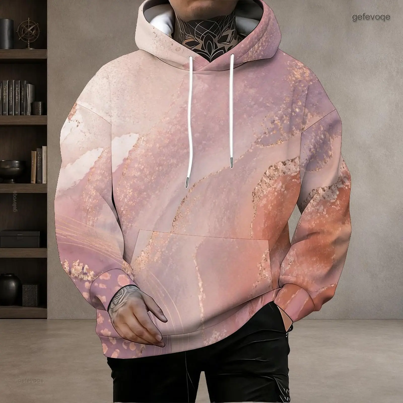 Men Abstract Pink Lavender Rose Gold Marble Print Long Sleeve Drawstring Hood Kangaroo Pocket Pullover Hoodie