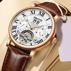 SIBOTTE Luxury Men Automatic Watches Waterproof Multifunctional Watch For Men Mechanical Wristwatch Brown Leather Watch 2024 New