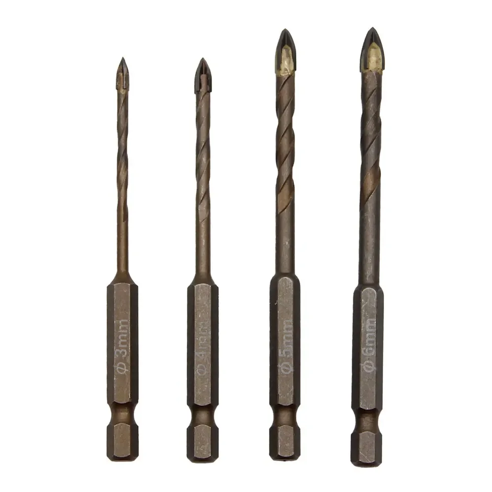 4pc Hexagonal Handle Cross Glass Drill Bit Ceramic Tile Drill Baking Yellow Spiral Ceramic Wall Drill Overlord Diamond Tool