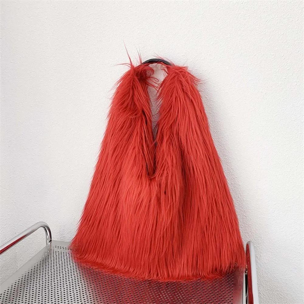 

Stripe Faux Fur Ladies Tote Large Capacity Portable Plush Shoulder Bag Solid Color Magnetic Button Commuting Handbag Students