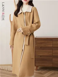 LANMREM Wool Double-sided Coat Women Patchwork Single Breasted Belt Woolen Coats Female Fashion Clothing 2024 Winter New 2DA8012