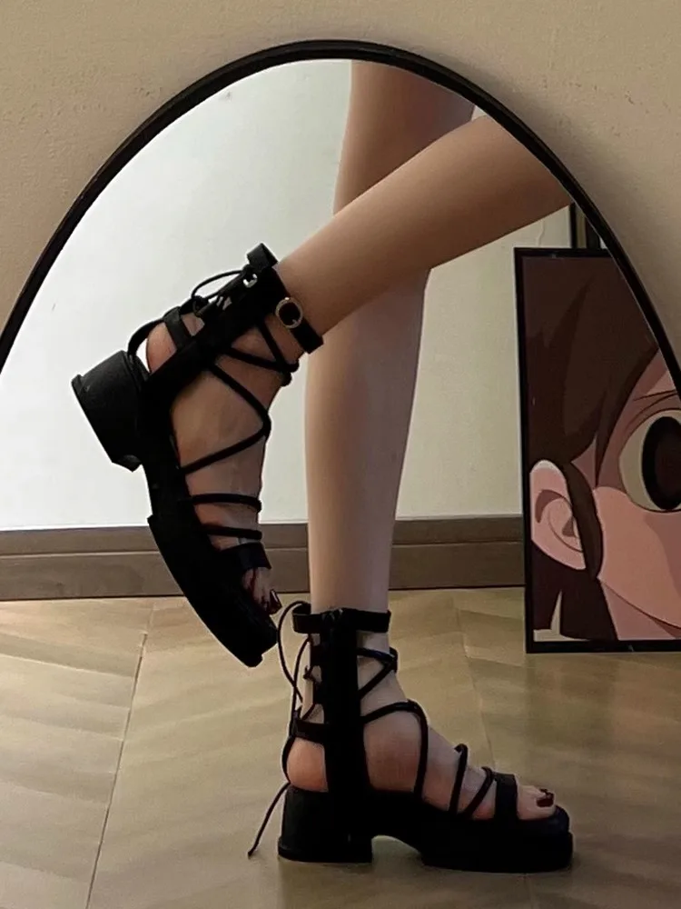 صنادل نسائية بكعب عالٍ على الطراز الروماني، تصميم صيفي جديد برباط متقاطع، نمط ساحر، نعل سميك، مناسبة للارتداء الخارجي، مصنوعة...