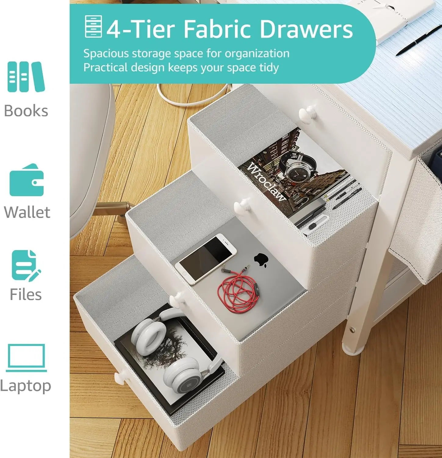 White Desk with 4 Drawers - 47 inch Gaming Desk with Monitor Stand, Reversible Computer Gaming Table  LED Lights Power Outlets