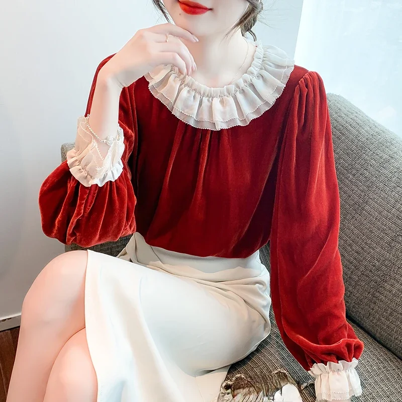 Spring Fall Women Sweet Ladies Ruffled Patchwork Lantern Sleee Wine Red Velvet Top Shirt , Woman Loose 4xl Velour Tops Shirts