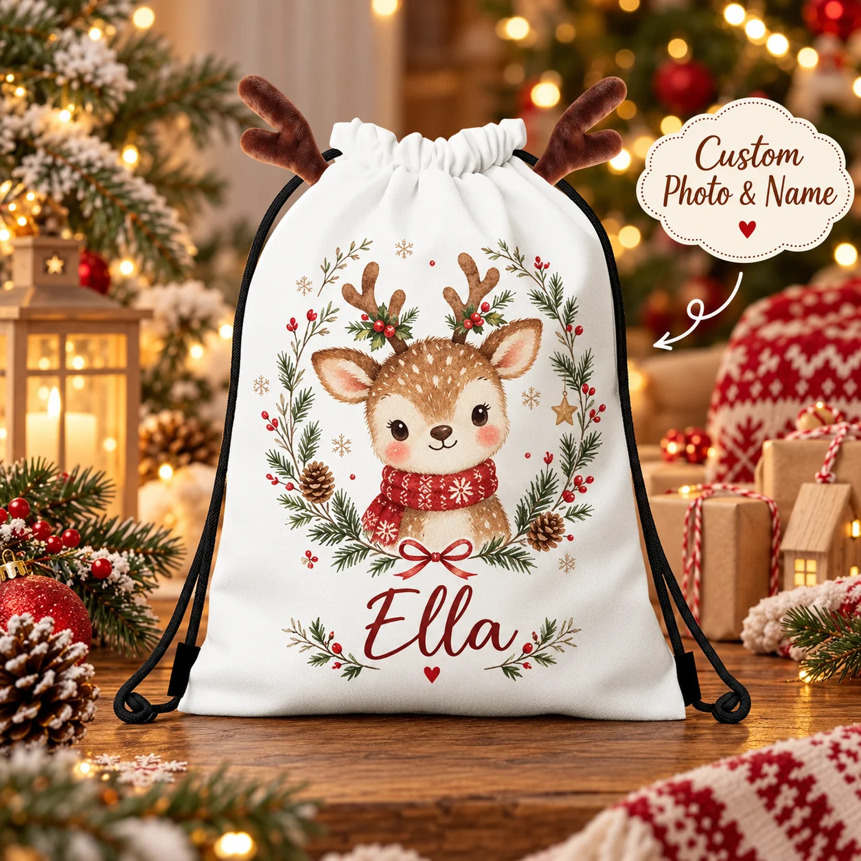 Custom Drawstring Bag Antler Cute Pattern Spring Pongee Large Capacity Machine Washable Cinch Sack For Gym Shopping And School