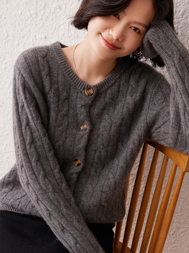 35% Cashmere Women's Twisted Flower Cassic Old Money Style Casual Fashion Thick Cashmere Knitted Cardigan