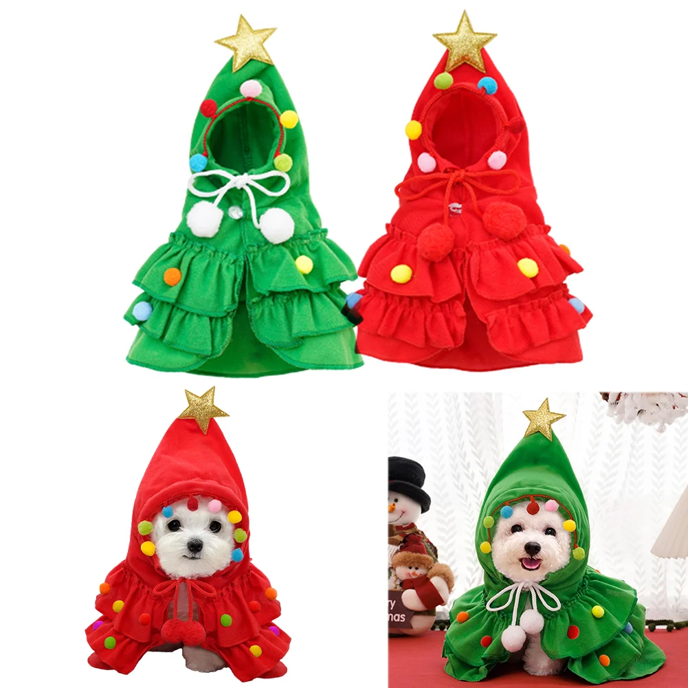 Cat Christmas Outfit Puppy Cape with Star and Pompoms Xmas Tree Cat Costume Pet Christmas Cloak for Cats Small Dogs