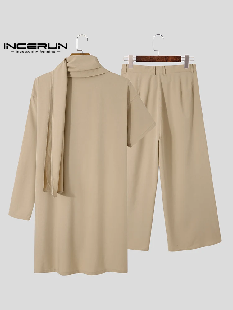 Men Sets Solid Vintage Streetwear 2023 Scarf Irregular Sleeve Asymmetrical Shirts & Wide Leg Pants Men Casual Suits INCERUN 5XL