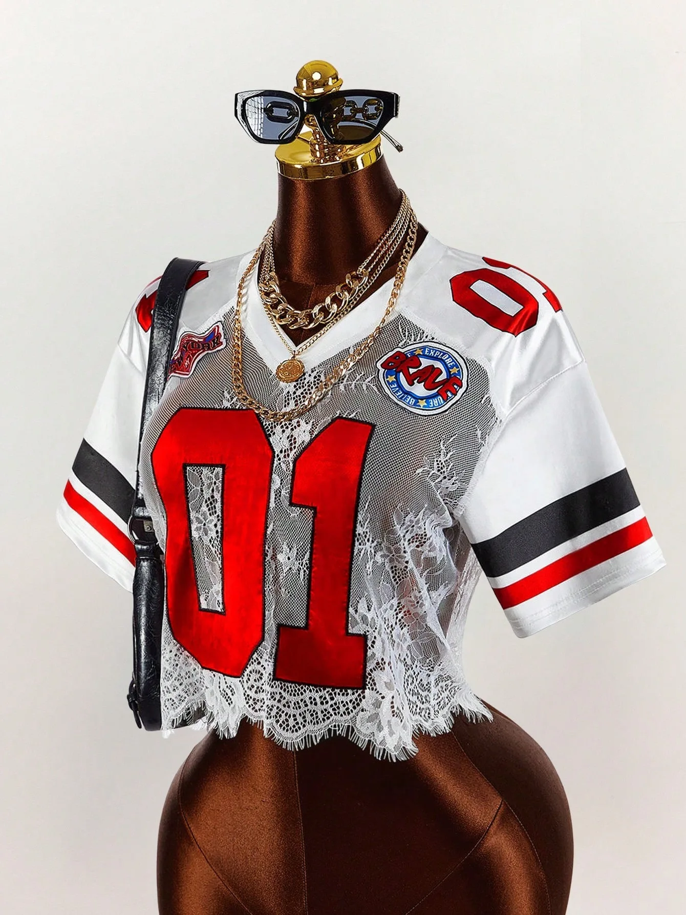 Stylish Lady Lace Patchwork Football Jersey T Shirt 2026 Summer Women Short Sleeve Sheer Mesh V Neck Cropped Tee Streetwear
