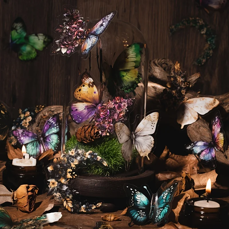 1/8pc 나비 식물 장식 스티커, 접착 뒷면이 있는 PET 소재로 제작, DIY 공예품 장식에 적합