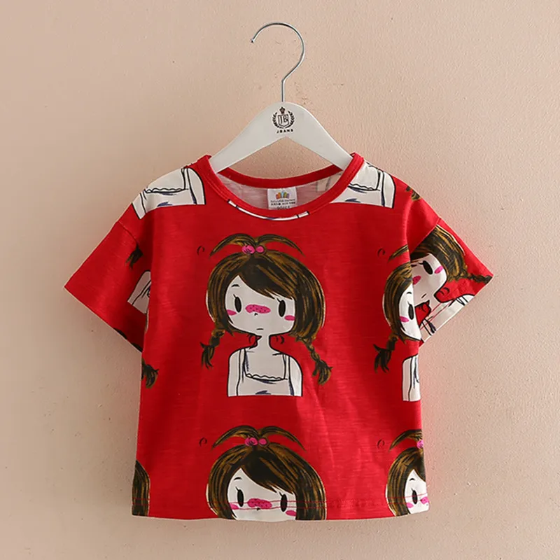 2024 Summer European American Style 2 3 4 6 8 10 Years Kids Red Cartoon Girls Print Cotton O-Neck Short Sleeve Baby T-Shirt Girl