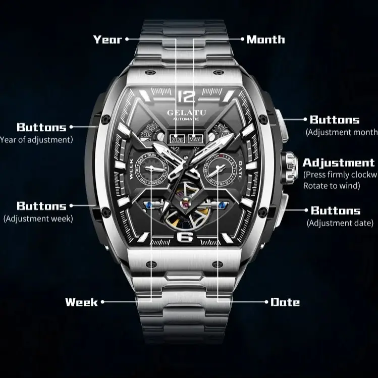 GELATU 6013 Men Watch Luxury Original Hollow out Men's Automatic Mechanical Watch Skeleton Waterproof Watch Men Sports Watch