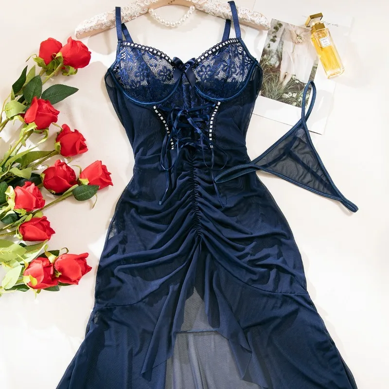 Tornova Lingeries Sexy Hot Women's Ethical Underwear Sexy Pajamas Lace Hollow Strap Design Mesh Perspective Suspender Dress Set