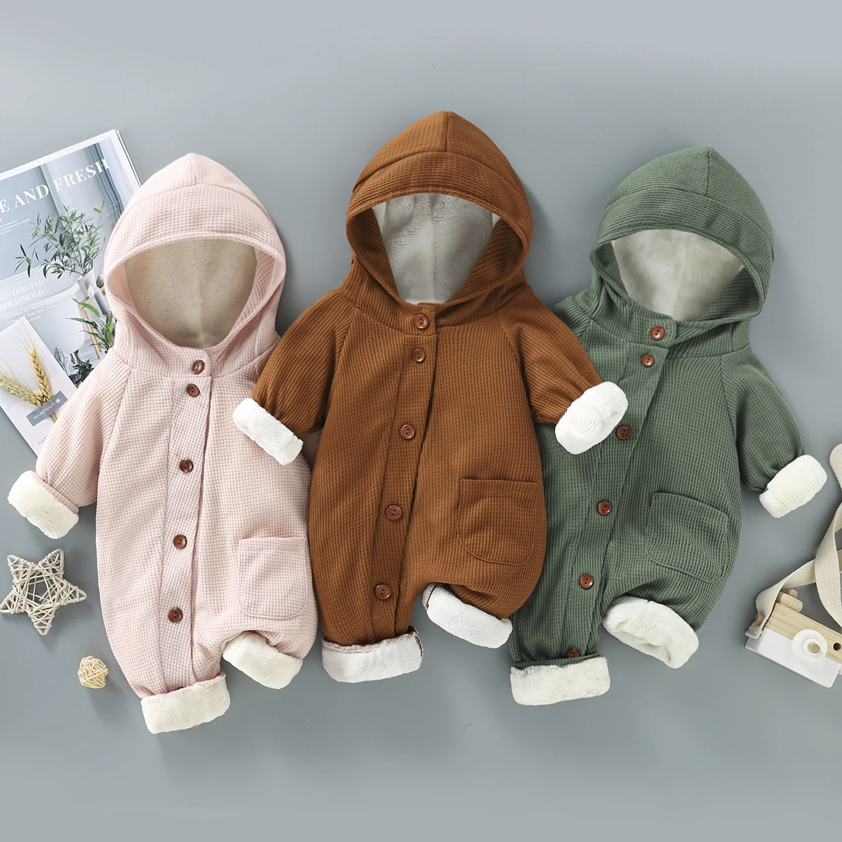 

PatPat Baby 95% Cotton Long-sleeve Thickened Fleece Lined Hooded Waffle Jumpsuit