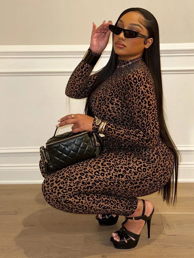 See Through Sexy Leopard Mesh Jumpsuit Women Sexy Hipster Zip Stretch Midnight Workout Autumn Fitness Street Overalls