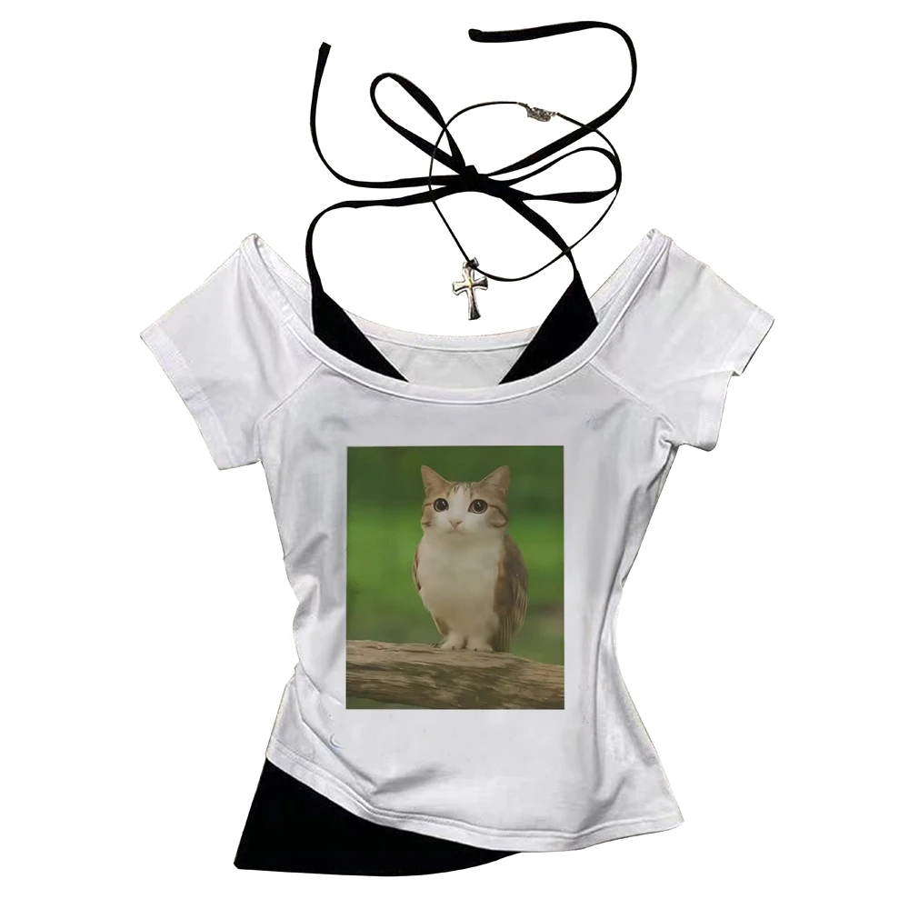 Meowl Crop Top Teen Anime Party Cute Jojifuku Ausverkauf T-Shirt Vintage Sommer Goth Grunge – Detail 8